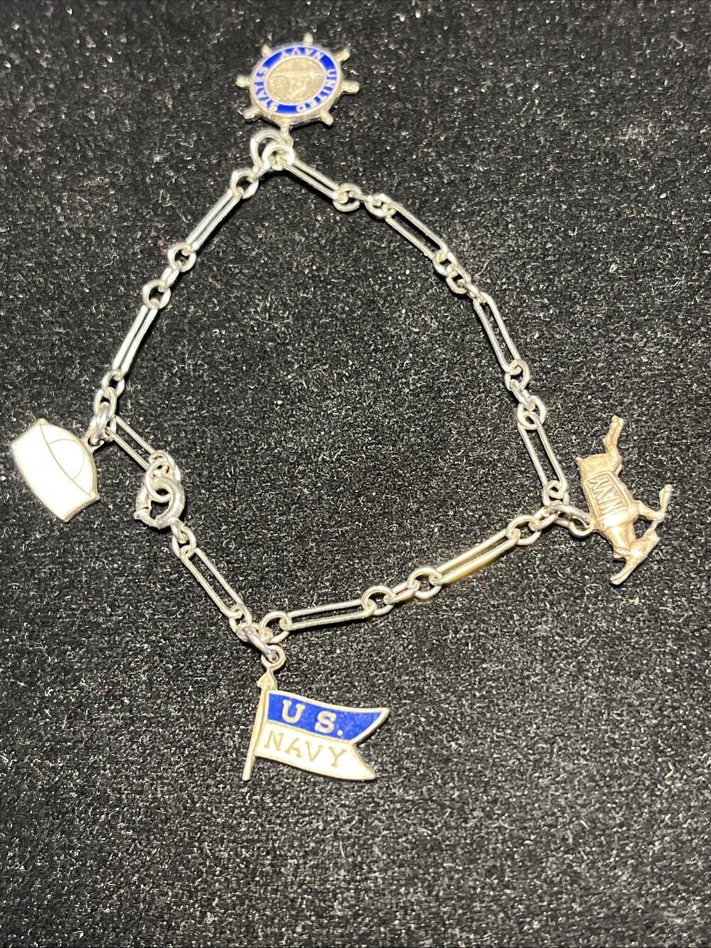 WWII 2 USN SWEETHEART STERLING SILVER Four CHARMS BRACELET 6 1/2” Inch Wrist